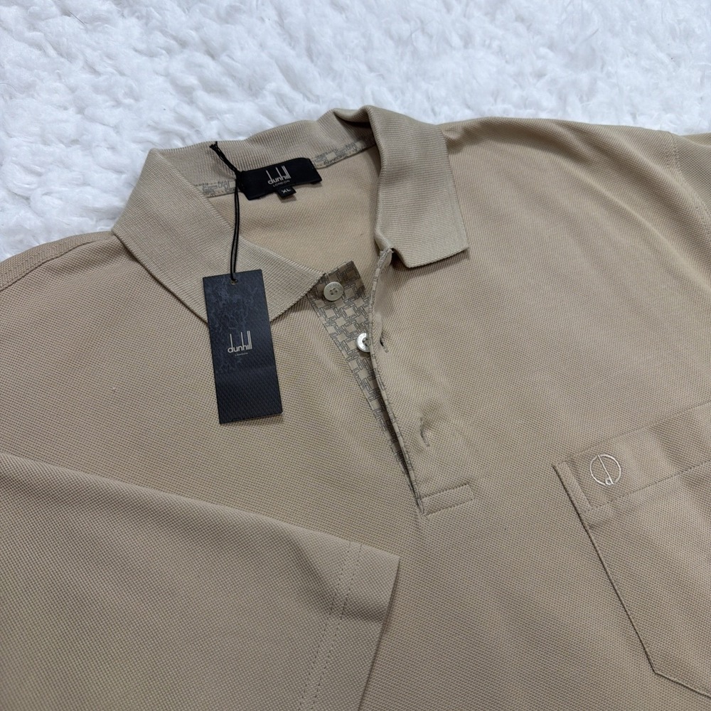 DUNHILL LONDON Mens Cotton Piquè Woven Polo Shirt Khaki Tan Beige Textured New!!